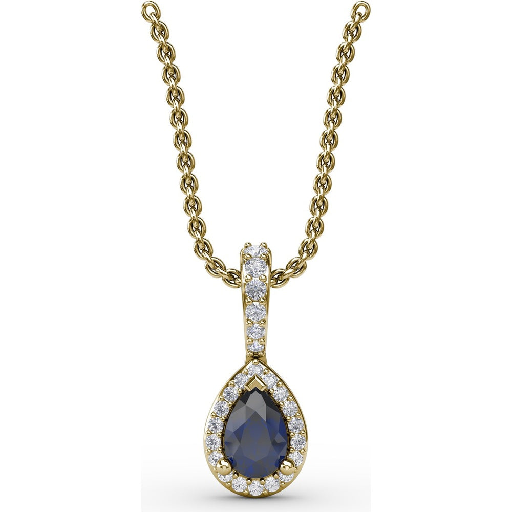 Pear-Shaped Sapphire and Diamond Halo Statement Pendant with Pavé Bail by Fana - 0.65 Carat Total Gemstone Weight