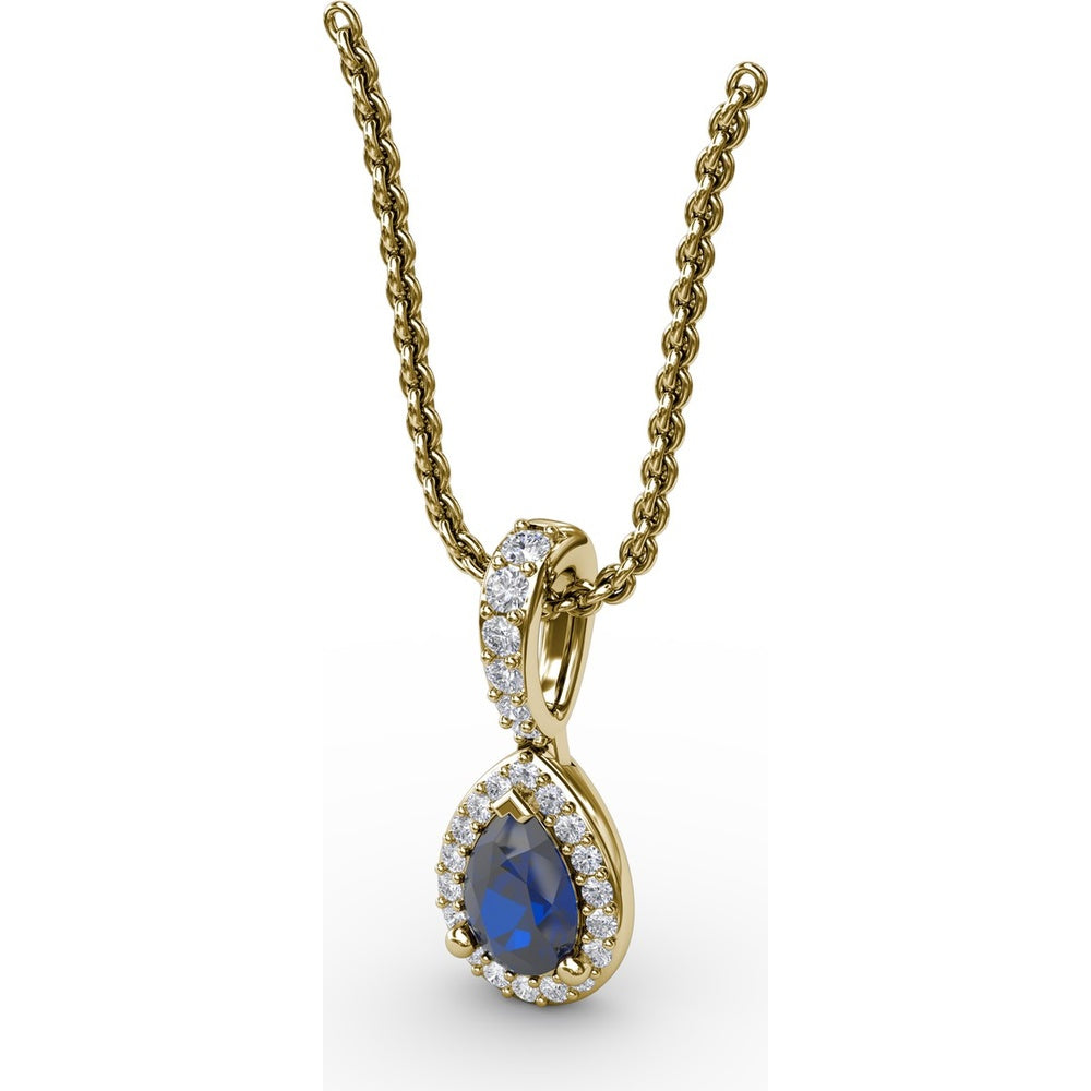 Pear-Shaped Sapphire and Diamond Halo Statement Pendant with Pavé Bail by Fana - 0.65 Carat Total Gemstone Weight