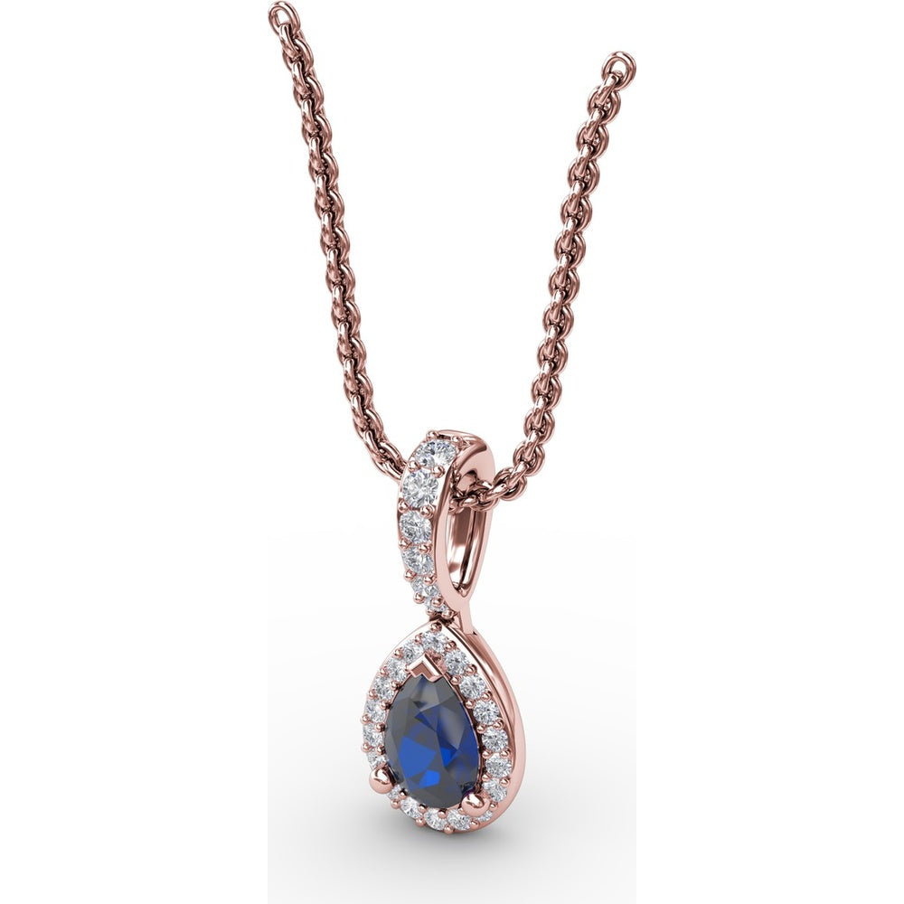Pear-Shaped Sapphire and Diamond Halo Statement Pendant with Pavé Bail by Fana - 0.65 Carat Total Gemstone Weight