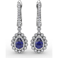 Pear-Shaped Sapphire and Double Diamond Halo Dangle Earrings with Pavé Bar by Fana - 1.55 Carat Total Gemstone Weight