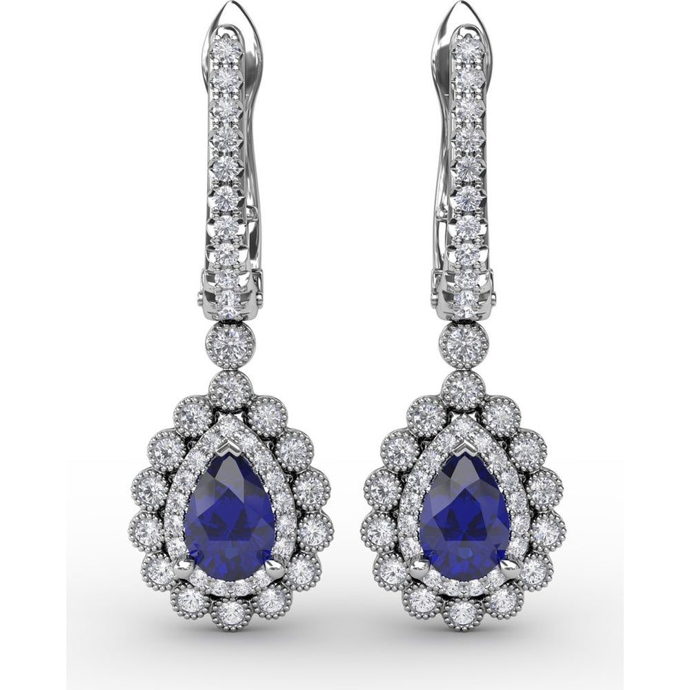 Pear-Shaped Sapphire and Double Diamond Halo Dangle Earrings with Pavé Bar by Fana - 1.55 Carat Total Gemstone Weight