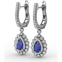 Pear-Shaped Sapphire and Double Diamond Halo Dangle Earrings with Pavé Bar by Fana - 1.55 Carat Total Gemstone Weight