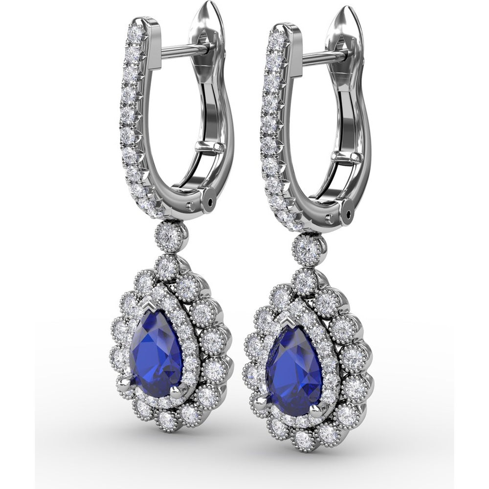 Pear-Shaped Sapphire and Double Diamond Halo Dangle Earrings with Pavé Bar by Fana - 1.55 Carat Total Gemstone Weight