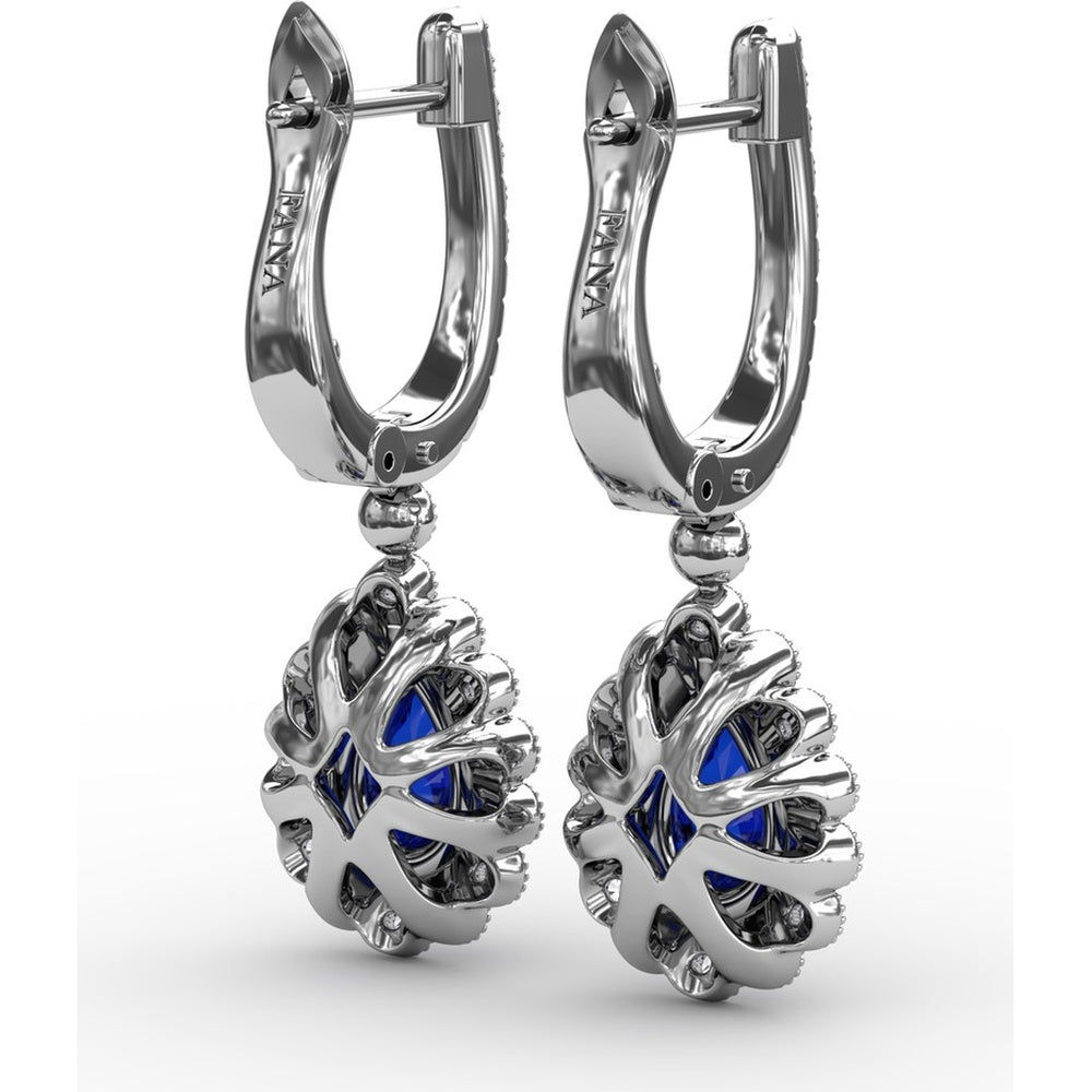 Pear-Shaped Sapphire and Double Diamond Halo Dangle Earrings with Pavé Bar by Fana - 1.55 Carat Total Gemstone Weight