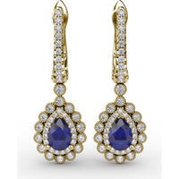 Pear-Shaped Sapphire and Double Diamond Halo Dangle Earrings with Pavé Bar by Fana - 1.55 Carat Total Gemstone Weight