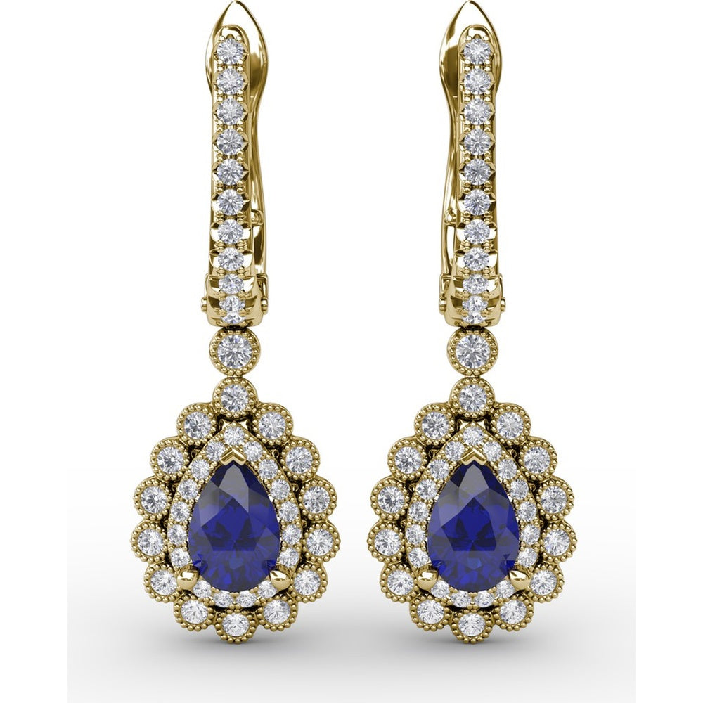 Pear-Shaped Sapphire and Double Diamond Halo Dangle Earrings with Pavé Bar by Fana - 1.55 Carat Total Gemstone Weight