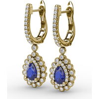 Pear-Shaped Sapphire and Double Diamond Halo Dangle Earrings with Pavé Bar by Fana - 1.55 Carat Total Gemstone Weight