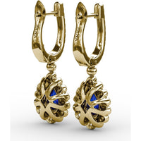 Pear-Shaped Sapphire and Double Diamond Halo Dangle Earrings with Pavé Bar by Fana - 1.55 Carat Total Gemstone Weight