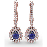 Pear-Shaped Sapphire and Double Diamond Halo Dangle Earrings with Pavé Bar by Fana - 1.55 Carat Total Gemstone Weight