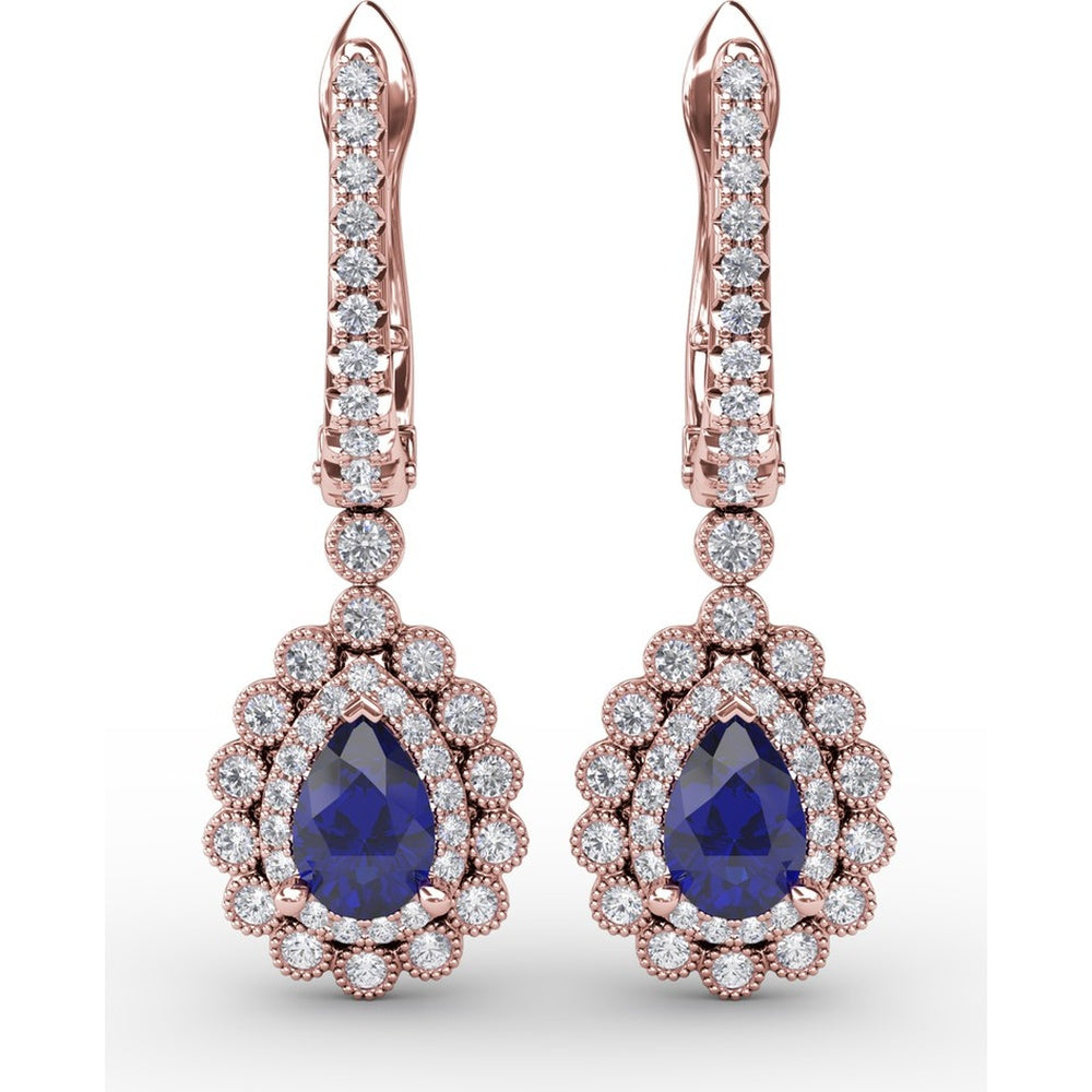 Pear-Shaped Sapphire and Double Diamond Halo Dangle Earrings with Pavé Bar by Fana - 1.55 Carat Total Gemstone Weight