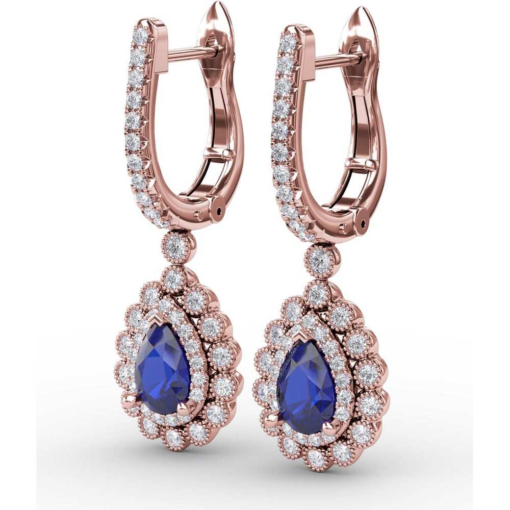 Pear-Shaped Sapphire and Double Diamond Halo Dangle Earrings with Pavé Bar by Fana - 1.55 Carat Total Gemstone Weight
