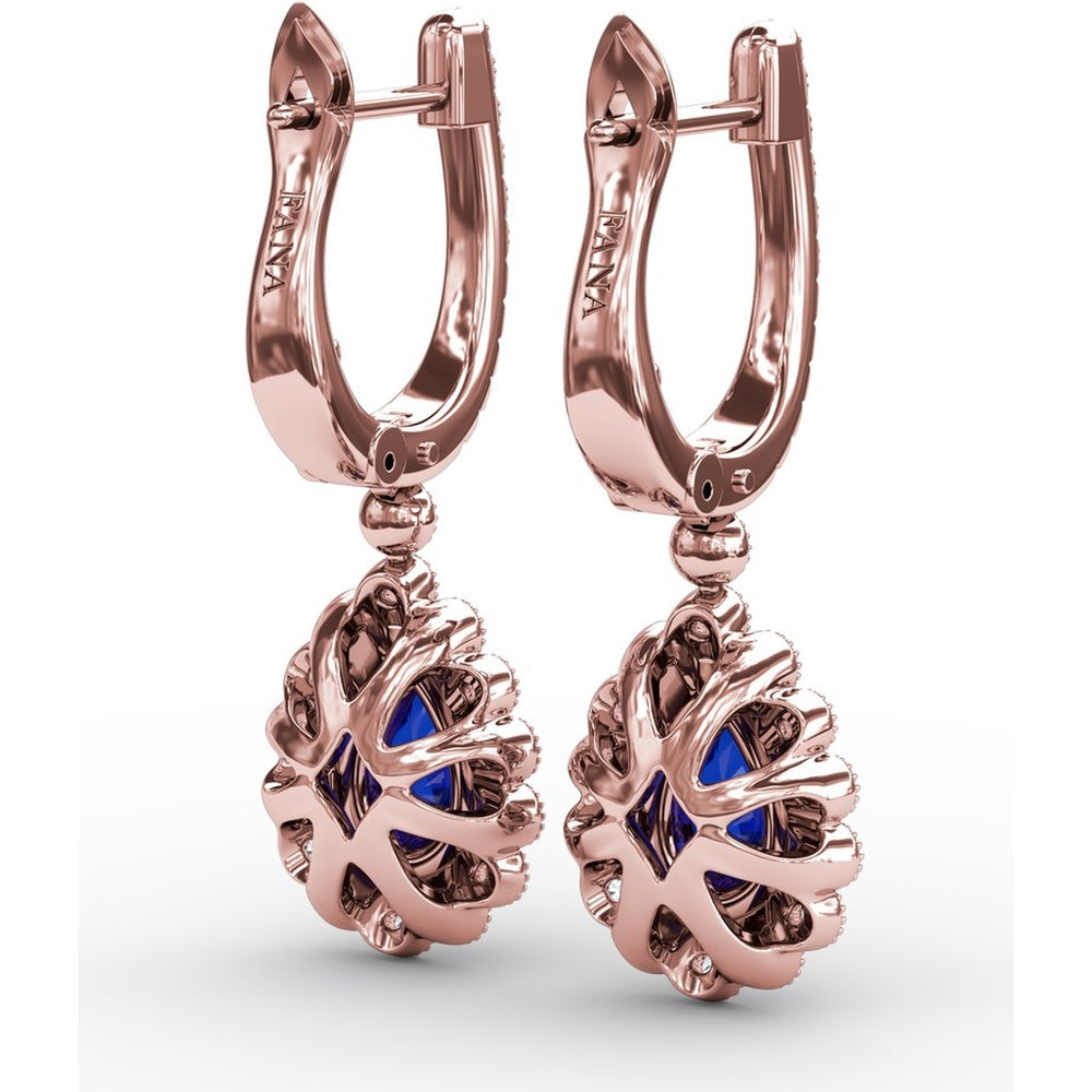 Pear-Shaped Sapphire and Double Diamond Halo Dangle Earrings with Pavé Bar by Fana - 1.55 Carat Total Gemstone Weight