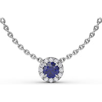 Pendant Necklace with Round Sapphire and Diamond Halo by Fana - 0.40 Carat Total Gemstone Weight