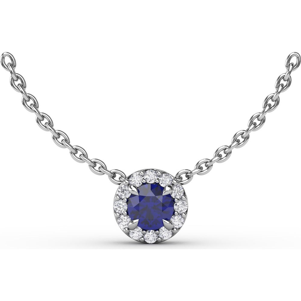 Pendant Necklace with Round Sapphire and Diamond Halo by Fana - 0.40 Carat Total Gemstone Weight