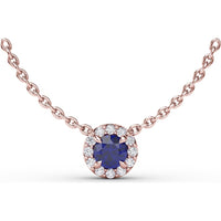Pendant Necklace with Round Sapphire and Diamond Halo by Fana - 0.40 Carat Total Gemstone Weight
