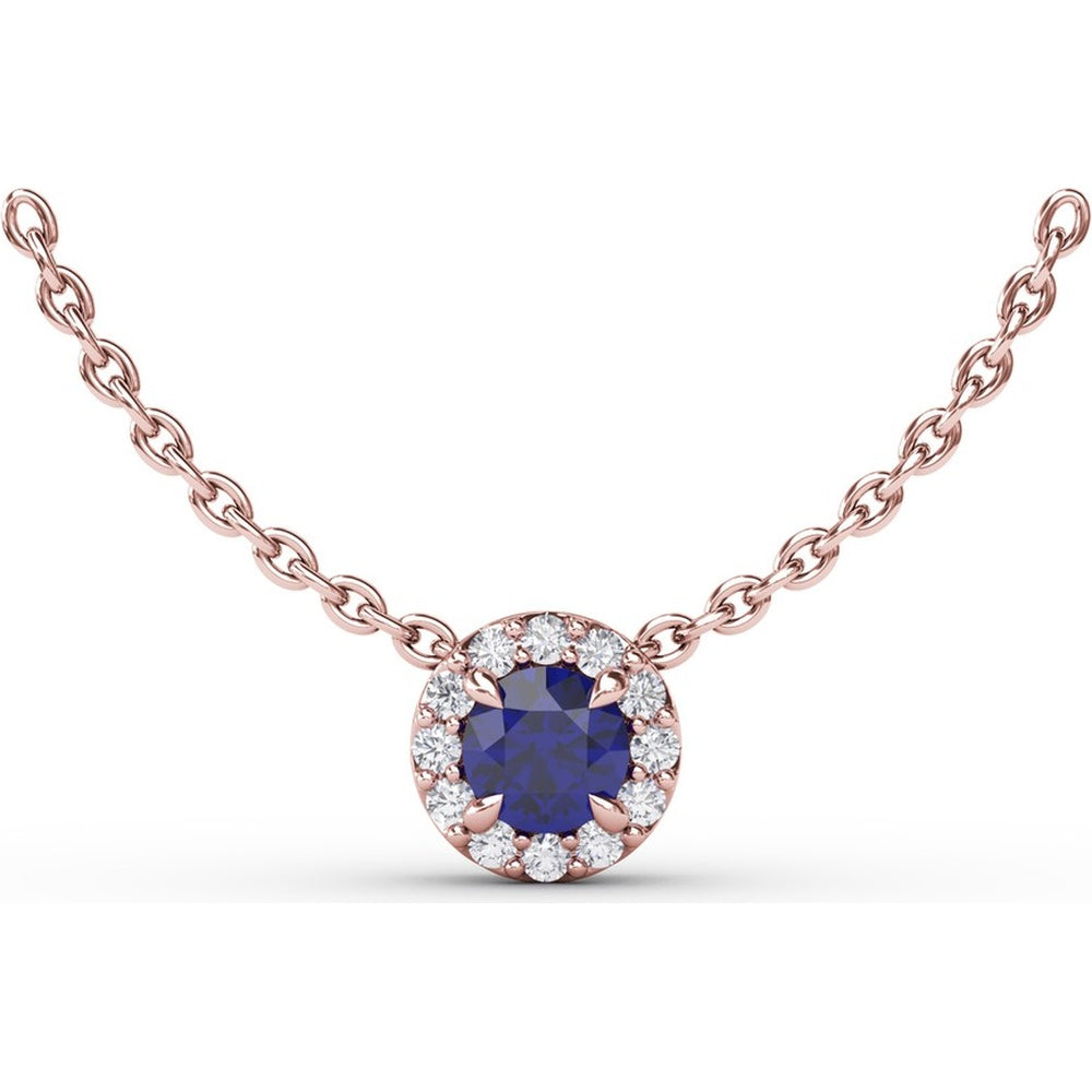 Pendant Necklace with Round Sapphire and Diamond Halo by Fana - 0.40 Carat Total Gemstone Weight