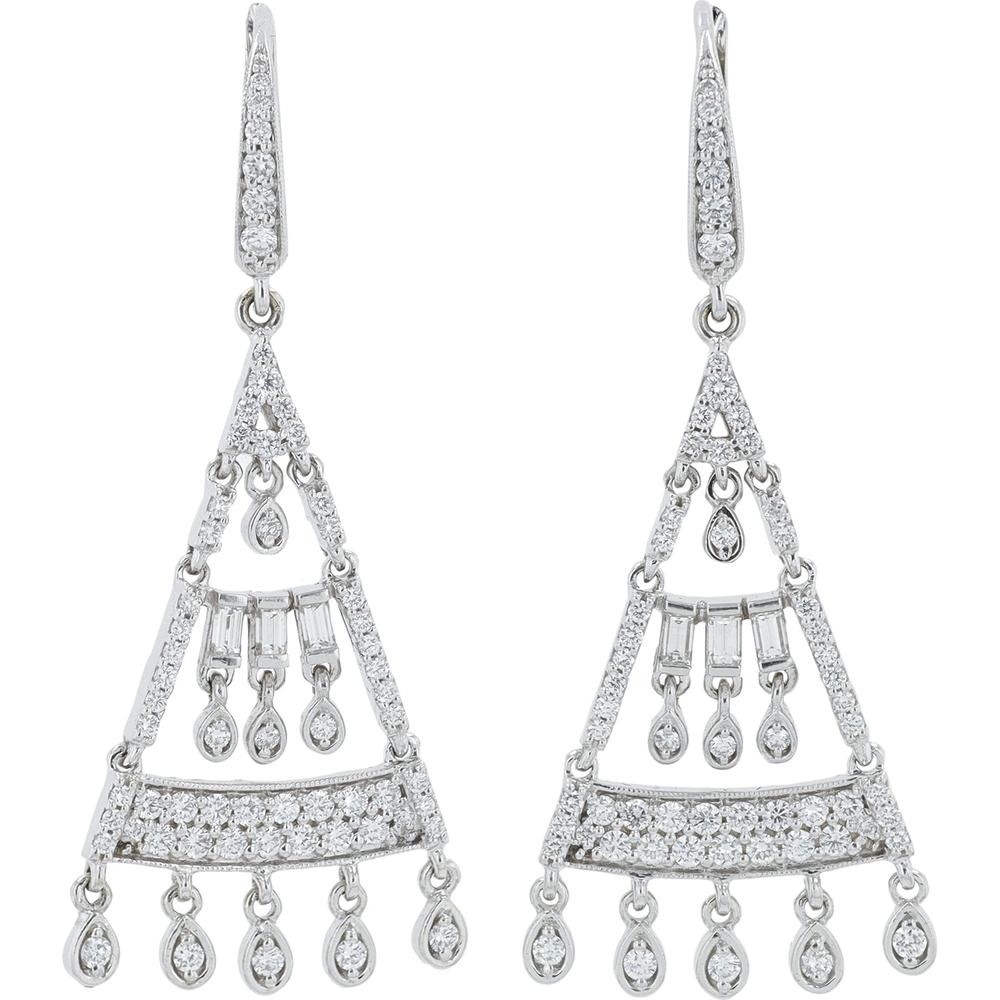 Penny Preville 18K White Gold Diamond Geometric Chandelier Drop Earrings with Baguette and Bezel Teardrop Dangles - 1.45 Carat Total Diamond Weight