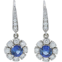 Penny Preville 18K White Gold Drop Earrings with Round Sapphires and Floral Diamond Halo - 1.00 Carat Total Sapphire Weight and 0.81 Carat Total Diamond Weight