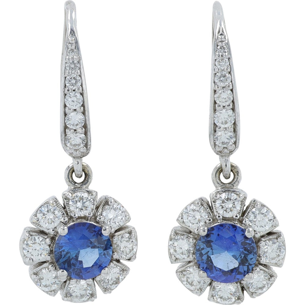 Penny Preville 18K White Gold Drop Earrings with Round Sapphires and Floral Diamond Halo - 1.00 Carat Total Sapphire Weight and 0.81 Carat Total Diamond Weight