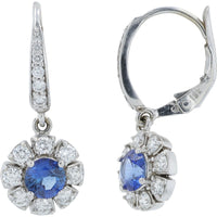 Penny Preville 18K White Gold Drop Earrings with Round Sapphires and Floral Diamond Halo - 1.00 Carat Total Sapphire Weight and 0.81 Carat Total Diamond Weight