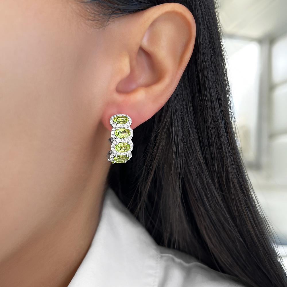 Peridot and Diamond Overlap Hoop Earrings in 18K White Gold by Charles Krypell