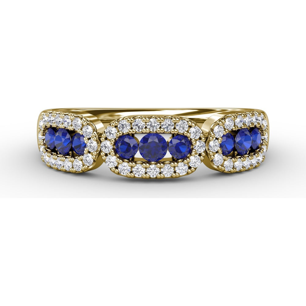 Petite Band with Tri-Panel Round Sapphires and Pavé Diamond Halos by Fana - 0.67 Carat Total Gemstone Weight