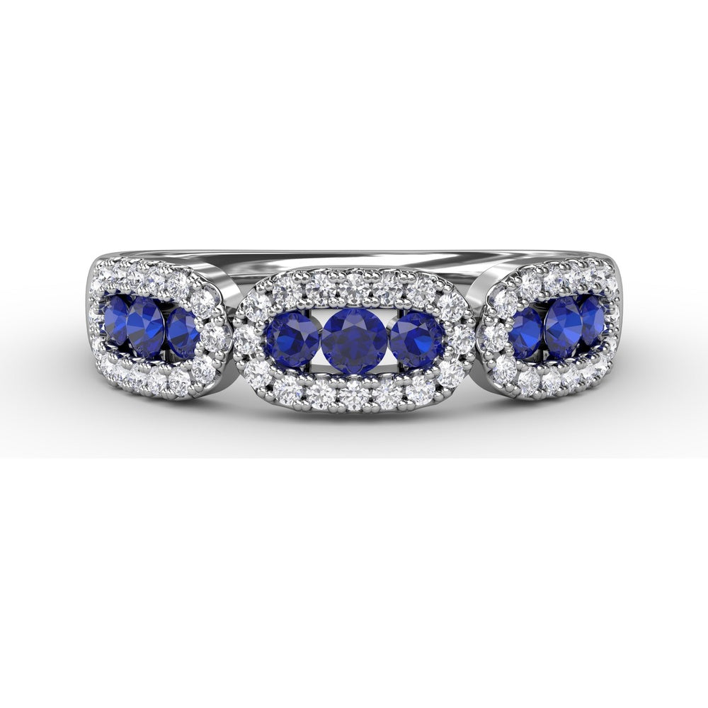 Petite Band with Tri-Panel Round Sapphires and Pavé Diamond Halos by Fana - 0.67 Carat Total Gemstone Weight