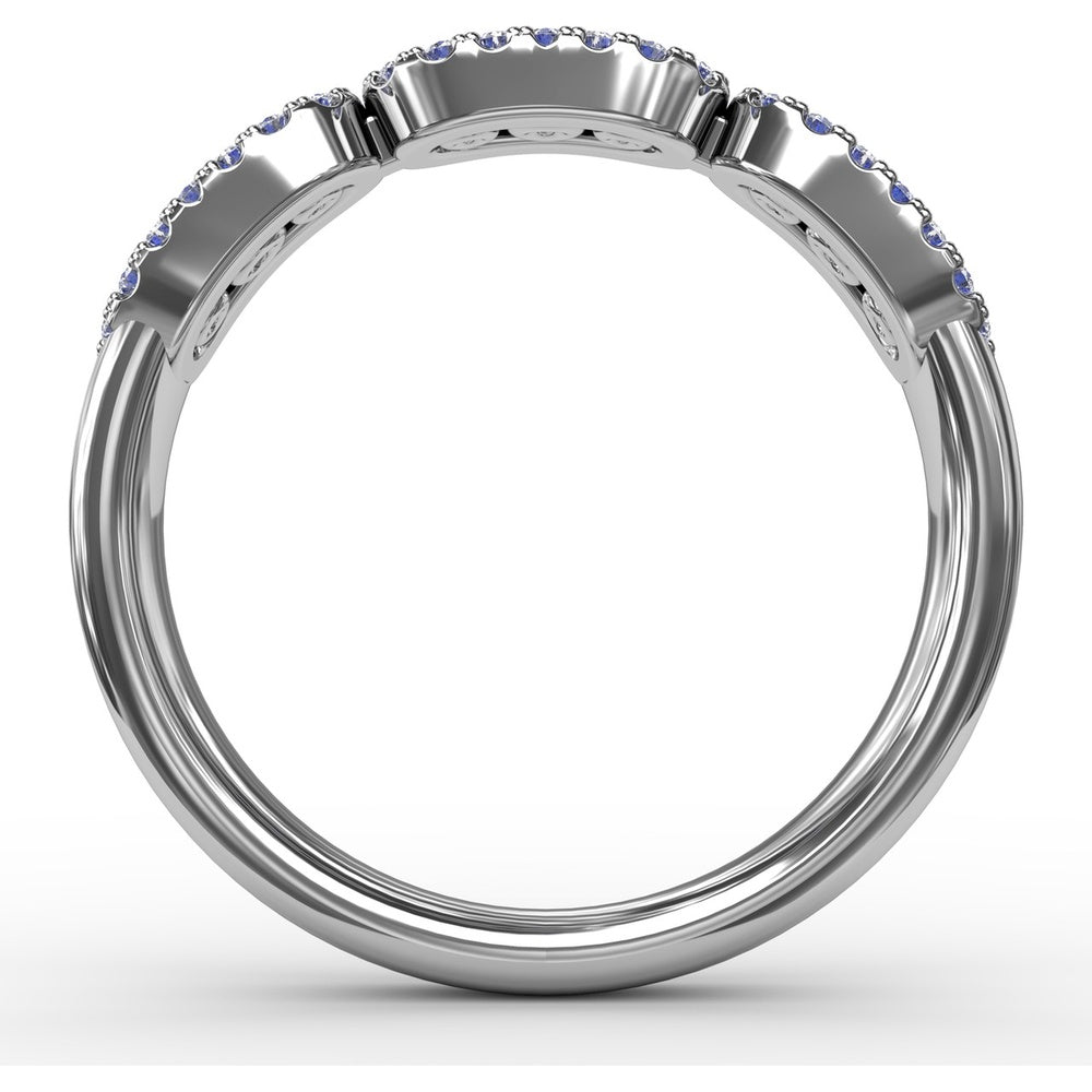 Petite Band with Tri-Panel Round Sapphires and Pavé Diamond Halos by Fana - 0.67 Carat Total Gemstone Weight