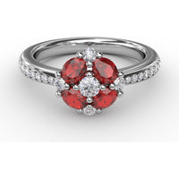 Petite Floral Ring with Oval Rubies and Round Diamonds by Fana - 1.38 Carat Total Gemstone Weight