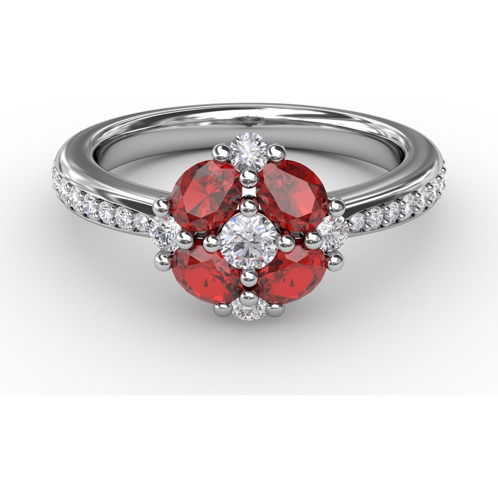 Petite Floral Ring with Oval Rubies and Round Diamonds by Fana - 1.38 Carat Total Gemstone Weight