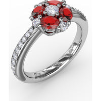 Petite Floral Ring with Oval Rubies and Round Diamonds by Fana - 1.38 Carat Total Gemstone Weight