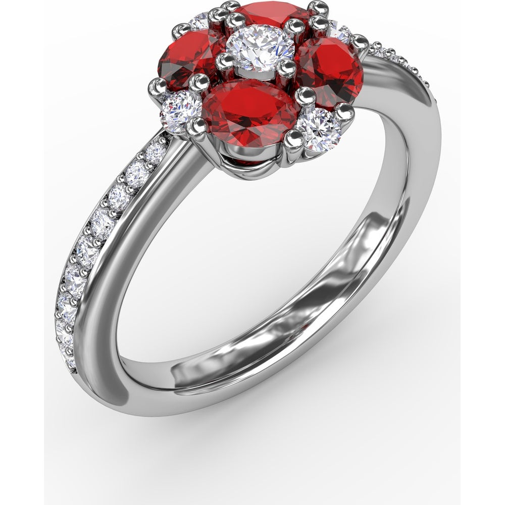 Petite Floral Ring with Oval Rubies and Round Diamonds by Fana - 1.38 Carat Total Gemstone Weight