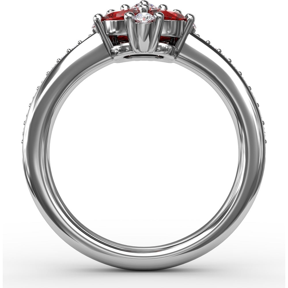 Petite Floral Ring with Oval Rubies and Round Diamonds by Fana - 1.38 Carat Total Gemstone Weight