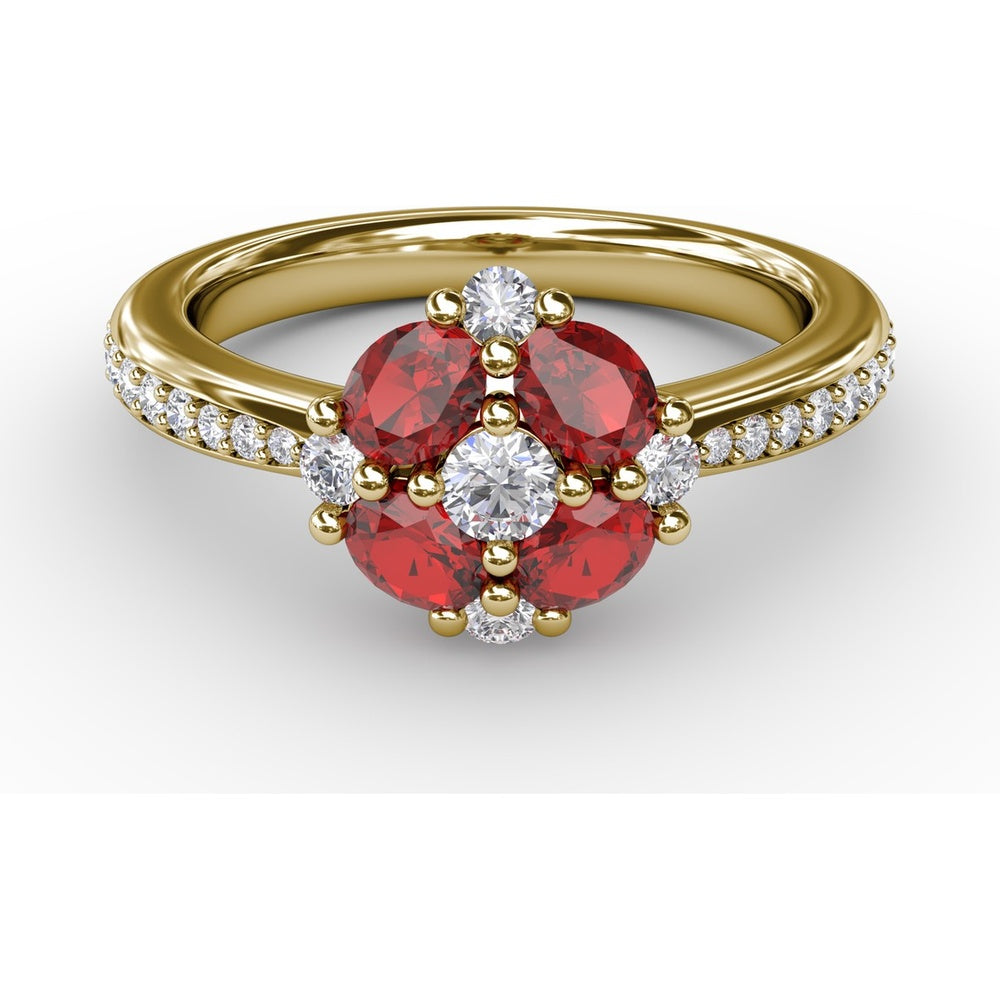 Petite Floral Ring with Oval Rubies and Round Diamonds by Fana - 1.38 Carat Total Gemstone Weight