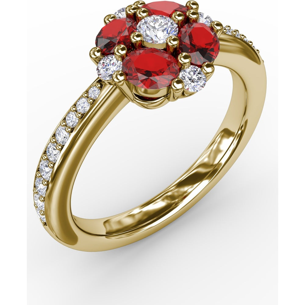 Petite Floral Ring with Oval Rubies and Round Diamonds by Fana - 1.38 Carat Total Gemstone Weight