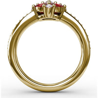 Petite Floral Ring with Oval Rubies and Round Diamonds by Fana - 1.38 Carat Total Gemstone Weight