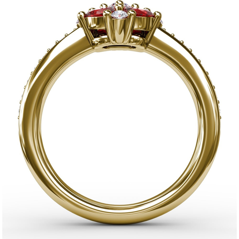 Petite Floral Ring with Oval Rubies and Round Diamonds by Fana - 1.38 Carat Total Gemstone Weight