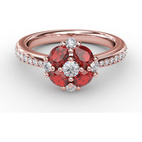 Petite Floral Ring with Oval Rubies and Round Diamonds by Fana - 1.38 Carat Total Gemstone Weight