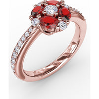 Petite Floral Ring with Oval Rubies and Round Diamonds by Fana - 1.38 Carat Total Gemstone Weight