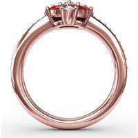 Petite Floral Ring with Oval Rubies and Round Diamonds by Fana - 1.38 Carat Total Gemstone Weight