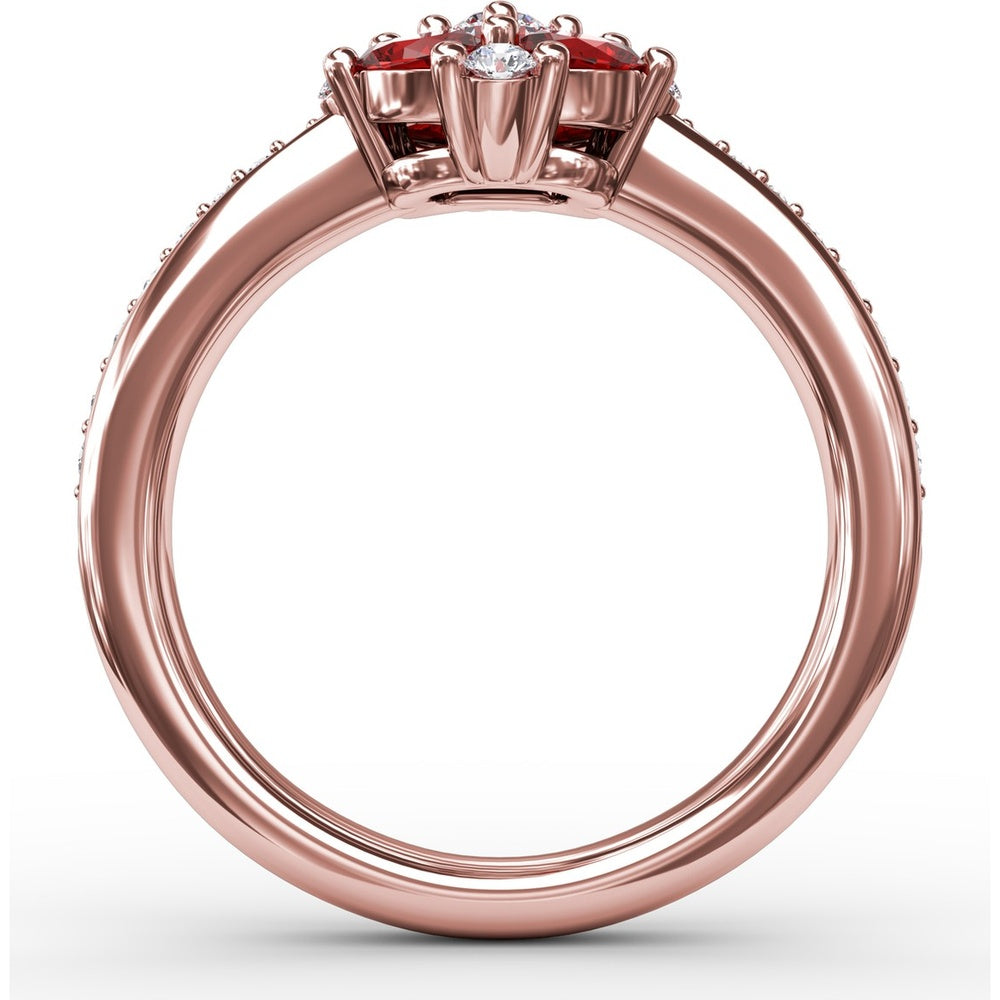 Petite Floral Ring with Oval Rubies and Round Diamonds by Fana - 1.38 Carat Total Gemstone Weight