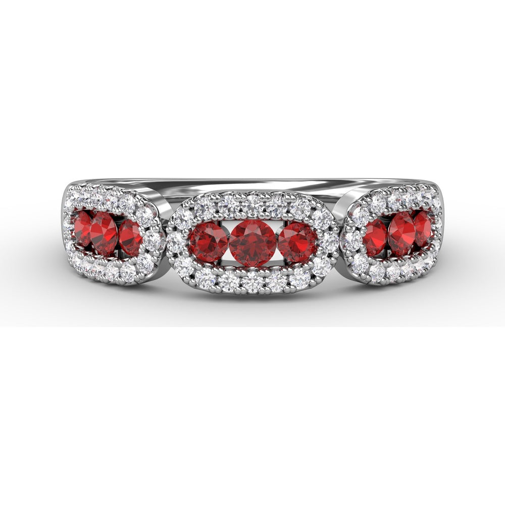 Petite Ruby and Diamond Halo Band with Three Oval Frames by Fana - 0.67 Carat Total Gemstone Weight