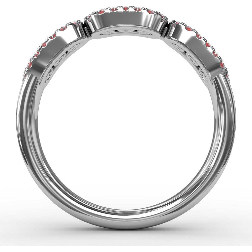 Petite Ruby and Diamond Halo Band with Three Oval Frames by Fana - 0.67 Carat Total Gemstone Weight
