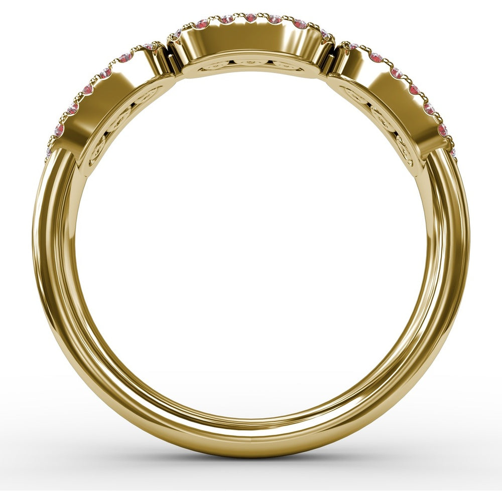 Petite Ruby and Diamond Halo Band with Three Oval Frames by Fana - 0.67 Carat Total Gemstone Weight