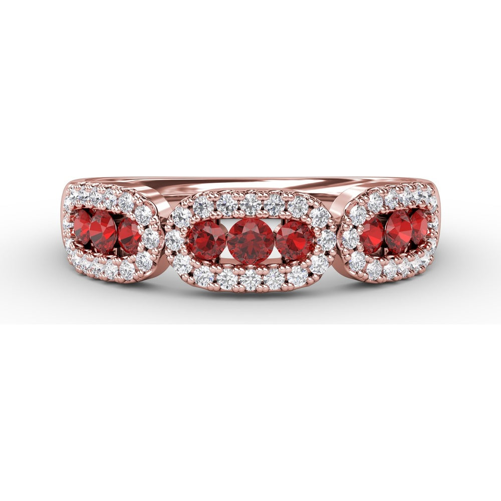 Petite Ruby and Diamond Halo Band with Three Oval Frames by Fana - 0.67 Carat Total Gemstone Weight