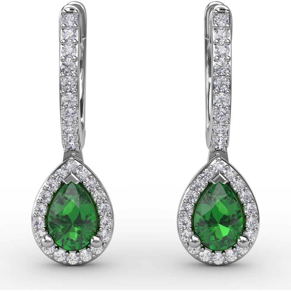 Petite Teardrop Hoop Earrings with Pear-Shaped Emerald and Pavé Diamond Halo by Fana - 1.01 Carat Total Gemstone Weight