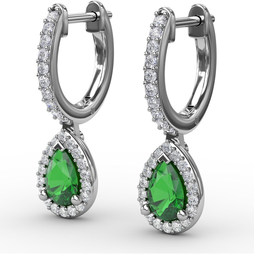 Petite Teardrop Hoop Earrings with Pear-Shaped Emerald and Pavé Diamond Halo by Fana - 1.01 Carat Total Gemstone Weight