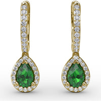 Petite Teardrop Hoop Earrings with Pear-Shaped Emerald and Pavé Diamond Halo by Fana - 1.01 Carat Total Gemstone Weight