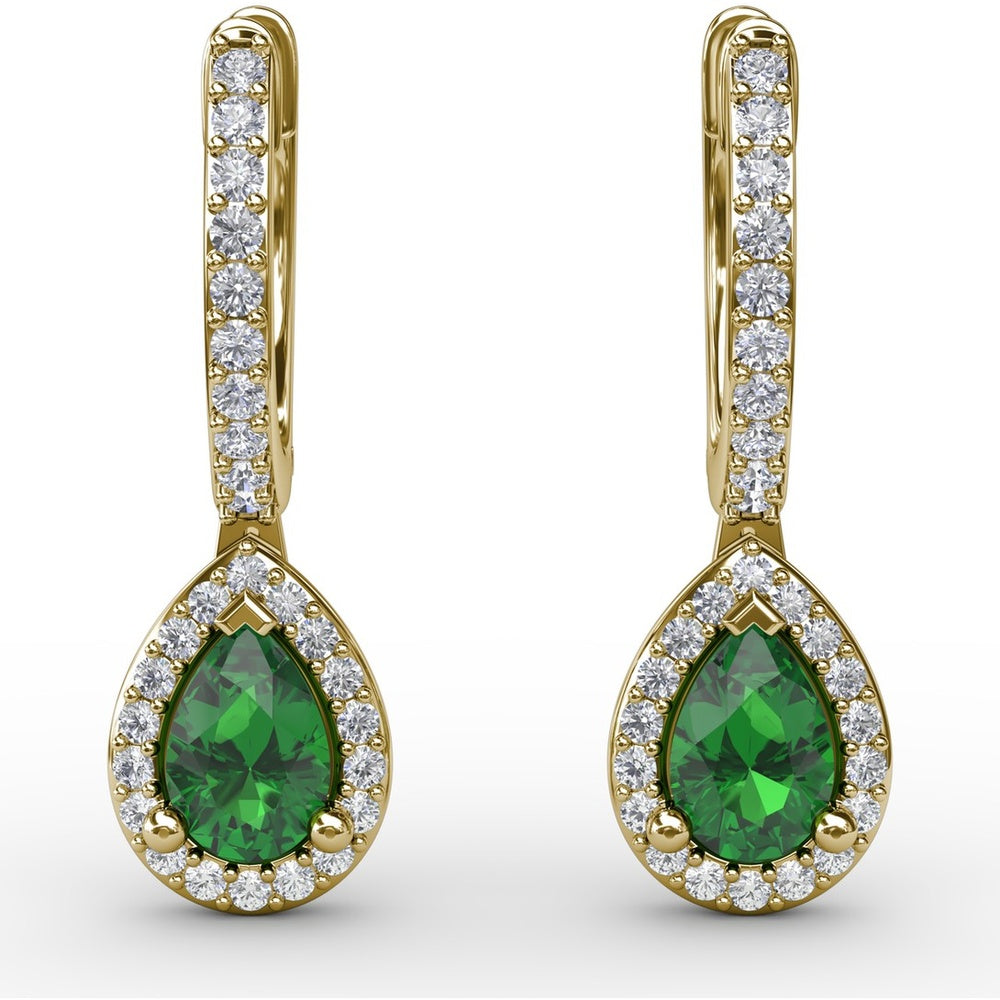 Petite Teardrop Hoop Earrings with Pear-Shaped Emerald and Pavé Diamond Halo by Fana - 1.01 Carat Total Gemstone Weight