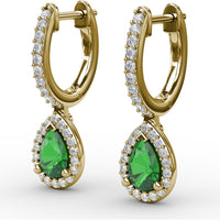 Petite Teardrop Hoop Earrings with Pear-Shaped Emerald and Pavé Diamond Halo by Fana - 1.01 Carat Total Gemstone Weight